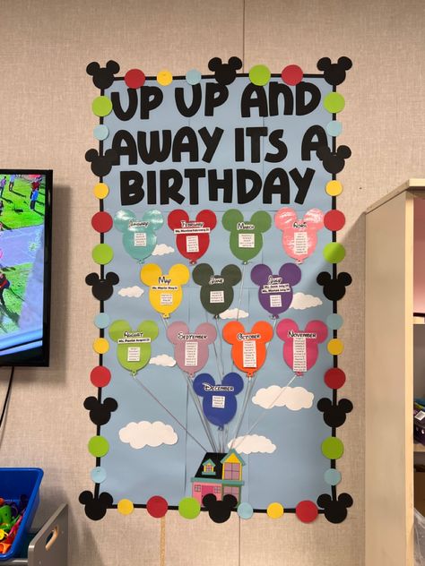 A birthday wall inspired by Disney’s Up & Mickey Mouse! Mickey Mouse Birthday Board Classroom, Decorate Disney Hotel Room Window, Disney Classroom Birthday Board, Infant Room Daycare Decorations Diy, Birthday Walls For Classroom, Cute Classroom Themes Daycare, Disney Birthday Wall Ideas For Classroom, Up Movie Classroom Theme, Disney Prek Classroom