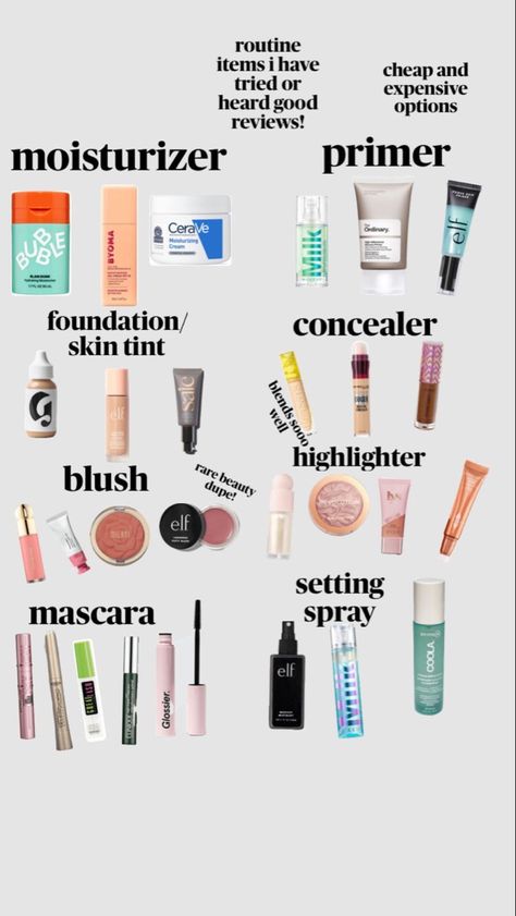 Good Makeup To Buy, Every Day Makeup Routine, Makeup I Should Buy, Highlighters Makeup Products, Cheap Preppy Makeup, Makeup Checklist Products, Easy Drugstore Makeup Routine, Cheap Good Quality Makeup, Affordable Make Up Products