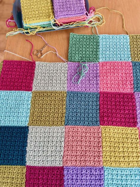 Stashbuster Squares Project – pattern for the squares - The Crochet Swirl Crochet Patch Blanket Squares, Easy Crochet Blanket Squares, Scrap Yarn Baby Blanket Crochet, Grant Square Crochet, Crochet Square Blankets, Blanket Squares Knitted, Crochet Patch Blanket, Scrap Afghan Crochet Patterns Free, Scrap Knitting Projects