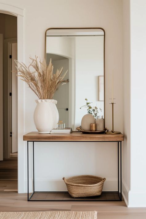 Best Entry Table Decor Ideas To Recreate For Small Spaces Entry Table Modern Farmhouse, Key Table Entry Small, Modern Boho Entryway Table, Small Entry Table Ideas, Modern Entry Table Decor Ideas, Entry Table And Mirror, Small Entryway Table Decor With Mirror, Entryway Table Decor Small, Console Table For Entryway