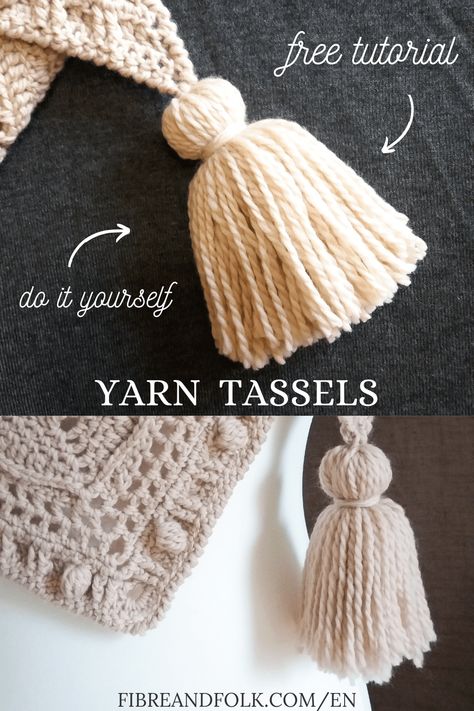 Diy Tassels Yarn, Crochet Tassels How To, How To Make A Tassel With Yarn, How To Make Tassels With Yarn, Yarn Tassel Diy, Crochet Blanket Tassels, Diy Yarn Tassel, Pompom Diy, Diy Pompon