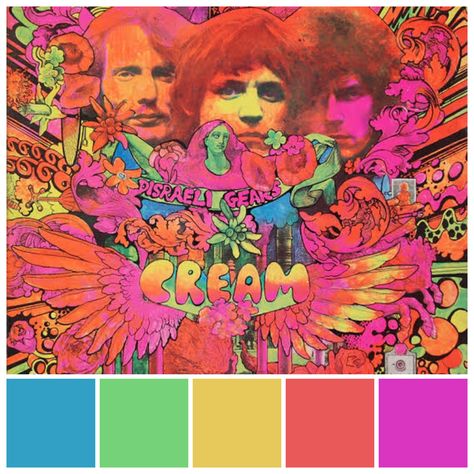 Psychedelic colours feature double or triple complementary colour combinations. These colour combos served as an effective visual code, simultaneously attracting members of the hippie, counter culture tribe while repelling members of the establishment who preferred more conservative colour combos. Psychedelic colours are one of the most effective visual signifiers of the 20th century. Colour palette illustration by Zena O’Connor featuring Cream’s Disraeli Gears (1967) cover art by Martin Sharp. Hippies, Psycadelic Colour Palette, Vibrant Color Schemes Colour Palettes, Festival Color Palette, Rock Color Palette, Hippie Color Palette, Festive Color Palette, Colour Palette Illustration, Flower Maze