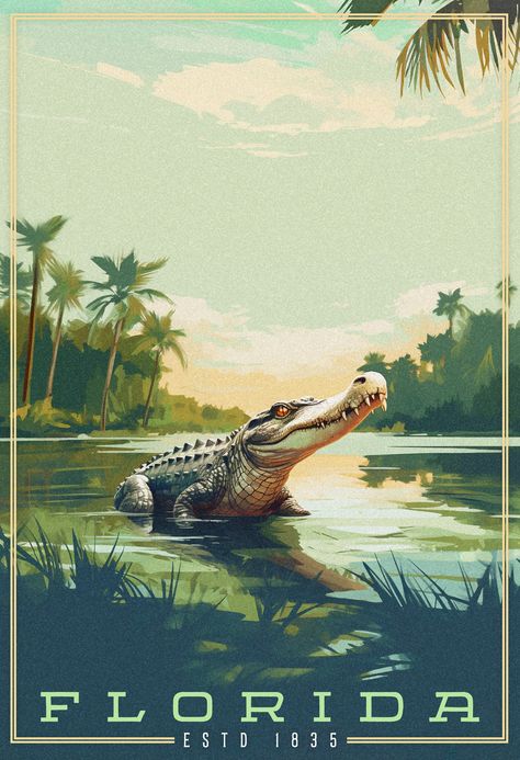 Digital painting of a lone alligator resting in a shallow swamp, earth tones, the title Florida is positioned at the bottom. Myakka River State Park, The Everglades, Postal Vintage, Everglades National Park, Retro Travel Poster, Scene Art, National Park Posters, Vintage Florida, Photo Vintage
