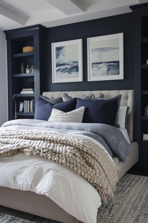 25 Navy Blue and Grey Bedroom Ideas We Love Grey And Blue Guest Bedroom Ideas, Charcoal And Navy Bedroom, Guest Bedroom Navy Blue, Master Bedrooms With Grey Bed, Navy Blue Mens Bedroom, White Grey And Navy Bedroom, White Gray Blue Bedroom, Gray Blue And White Bedroom, Navy White Bedding