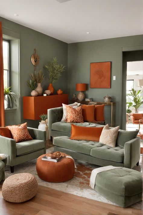 Can I Create an Oceanic Oasis? Sage Green and Burnt Orange Living Room Spectacle [2024] #Ad #homedecor #homedesign #fixhome #Painthome #interiorarchitecture Turquoise And Burnt Orange Living Room, Rustic Orange Living Room Decor, Burnt Orange And Sage Green Home Decor, Yellow Orange Green Living Room, Green Leaving Room, Red And Olive Green Living Room, Color Idea For Living Room, Sage And Burnt Orange Living Room, Black Green Burnt Orange Bedroom