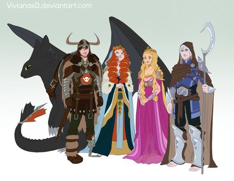 Hiccup, Merida, Rapunzel, and Jack Frost all grown up! Disney Crossovers, Hiccup Merida, Merida And Hiccup, Frozen And Tangled, Big Four, Deviant Art, Art Disney, Arte Disney, The Big Four