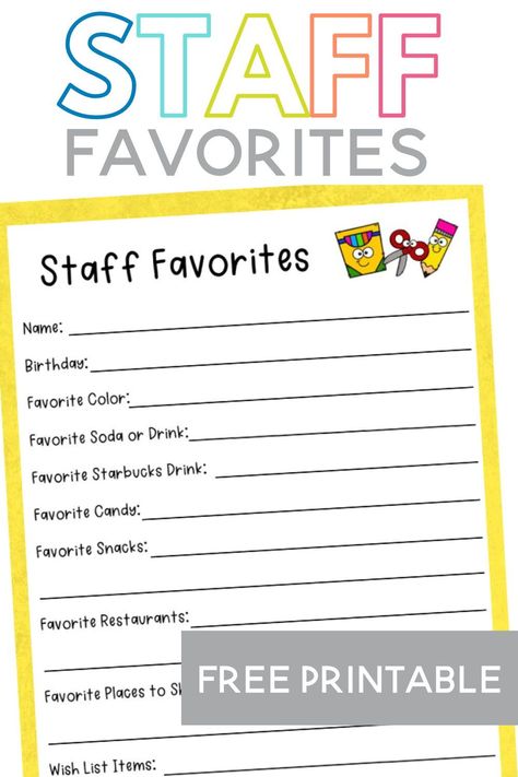 Staff Favorites Sheet, Staff Information Sheet, Staff All About Me Template, Staff Interest Survey, Staff Favorites Questionnaire, Favorite Things Teacher Printable, Staff Questionnaire Favorite Things, Just A Few Of Your Favorite Things Form, Teacher Favorites List