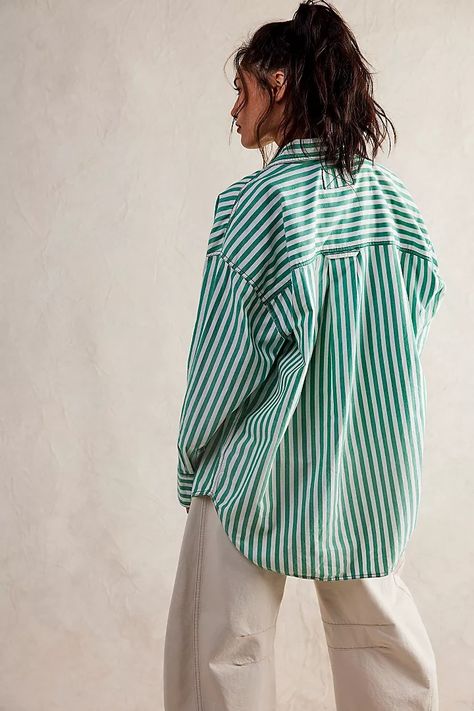 Collection: Coast To Coast | Free People Green Striped Shirt Outfit, Outfits With Striped Shirts, Oversized Shirt Outfit, Oversized Striped Shirt, Raglan Sleeve Shirts, Metallic Shorts, French Green, Oversized Crewneck, Free People Style