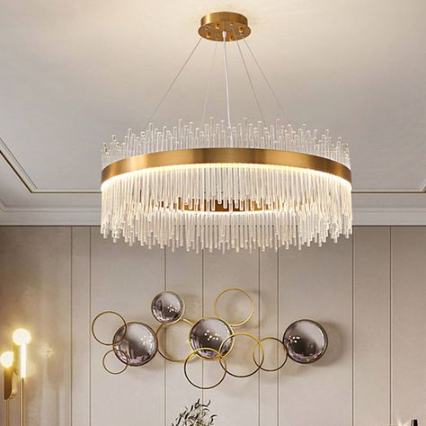 This product consists of crystal tubes with a stainless steel frame in brass brushed finish, fashion and elegant. It is the perfect LED lighting fixture to install in the living room, dining room, kitchen island. Crystal Drum Chandelier, Modern Chandeliers For Living Room Black, Lounge Chandelier Modern, Luxury Bedroom Chandelier, Closet Chandelier Walk In Luxe, Dinning Room Gold Chandelier, Dining Room Chandelier Rectangle, Gold White Home Decor, Crystal And Gold Chandelier