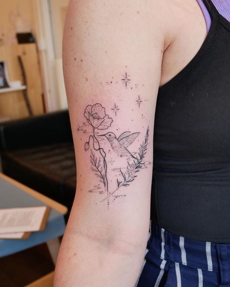 Hummingbird Angel Tattoo, Poppy And Hummingbird Tattoo, Magnolia And Hummingbird Tattoo, Hummingbird With Flower Tattoo, Fairy Tats, Humming Bird Tattoo With Flowers, Hummingbird Tattoo With Flowers, Humming Bird Tattoo, Pansy Tattoo