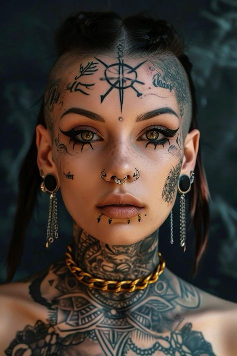 Tattooed Old Woman, Face Tats For Women, Female Face Tattoo, Viking Female, Female Warrior Tattoo, Female Tattoo Models, Dark Beauty Fashion, Face Tattoos For Women, Sugar Skull Artwork