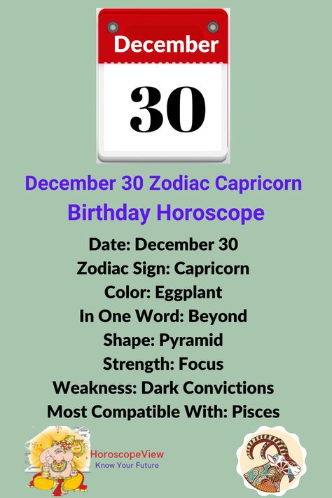 December 30 zodiac sign birthday horoscope and astrology prediction provides you a complete report about 30th Dec zodiac born natives. Our December 30 report has zodiac match, marriage match, love, job, marriage, career, family, education, travel, positive and negative traits, personality, and characteristics of the people who were born on this date. December Zodiac Sign, Positive And Negative Traits, Zodiac Sign Personality, December Zodiac, Birthday Personality, Capricorn Birthday, Birthday Horoscope, Know Your Future, Horoscope Dates