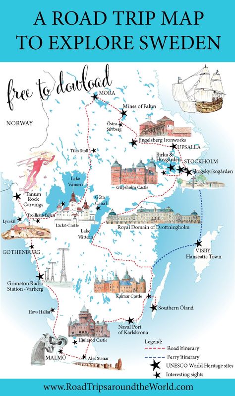 A road trip in Sweden - hand drawn map available only on www.RoadtripsaroundtheWorld.com Map Of Sweden, Scandinavia Road Trip, Sweden Tourism, Sweden Map, Visit Sweden, Road Trip Map, Sweden Travel, New Roads, Trip Itinerary