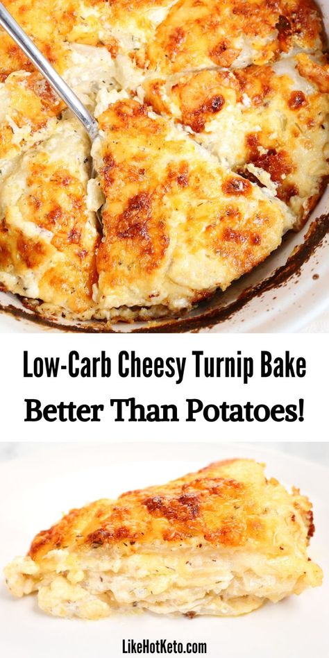 Keto scalloped turnips au gratin with a golden brown crust of Gruyere cheese. Scalloped Turnips, Cheesy Potato Bake, Low Carb Potatoes, Turnip Recipes, Scalloped Potato, Potato Bake, Cheesy Potato, Low Carb Sides, Low Carb Side Dishes