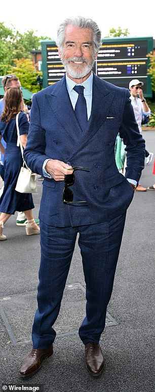 Pierce Brosnan Wimbledon, Wimbledon Centre Court, Carlos Alcaraz, Wimbledon Tennis, Tennis Championships, Irish Actors, Pierce Brosnan, Navy Suit, Pippa Middleton