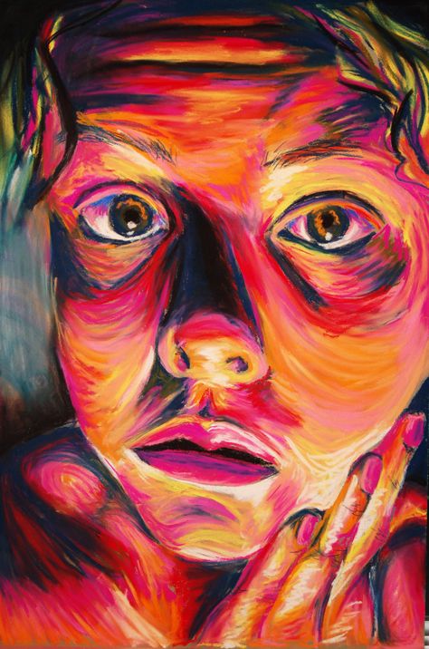 Ashley Cyborski; Soft Pastel self-portrait Expressive Color Art, Colourful Portraits Drawing, Abstract Person Art, Pastel Portraits Faces, Color Theory Portrait, Oil Pastel Face Portraits, Colour Portrait Drawing, Colourful Portraits Painting, Expressive Self Portrait