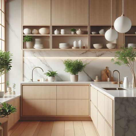 Japandi Kitchen Japandi Kitchen Cabinet Hardware, Japandi Kitchen Cabinet Design, Japandi Kitchen White Cabinets, Scandinavian Kitchen Interior, Japanese Style Kitchen Modern Minimalist, Japandi Kitchen Dining, Japandi Green Kitchen, Japandi House Interior Design, Japandi Coffee Bar