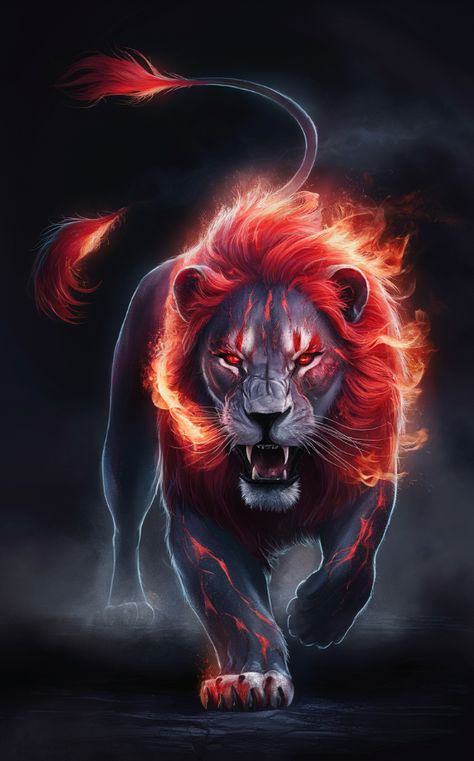 A captivating illustration of a wild dark lion in the darkness. Its fiery red eyes shine brightly, reflecting the magical aura of fire that dances Fire Lion Wallpaper, Lion Angry, Lion Hd Wallpaper, Fire Lion, Lion Live Wallpaper, Bond Paper Design, Lion Family, Wallpaper For Phone, Lion Photography