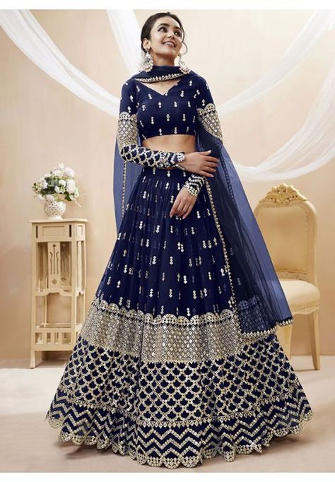 Navy Blue Embroidered Georgette Lehenga Choli Blue Crop Top Lehenga, Blue Georgette Lehenga, Blue Bridal Lehenga, Lehenga Simple, Royal Blue Lehenga, Navy Blue Lehenga, Mirror Work Lehenga, Ghaghra Choli, Georgette Lehenga