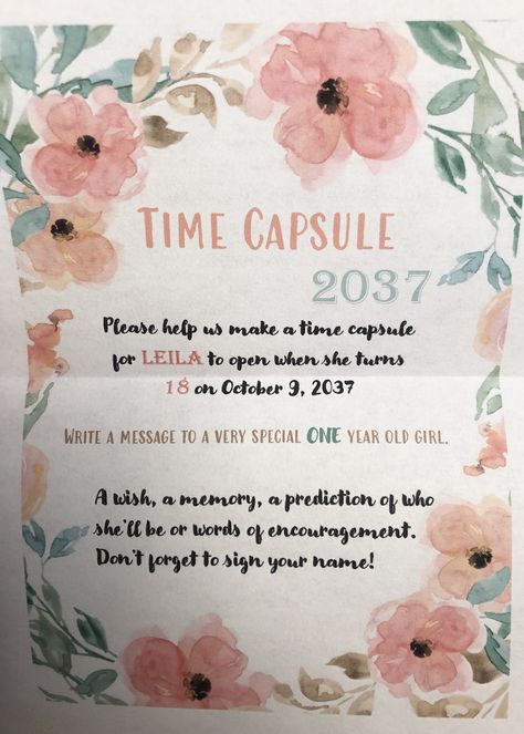 1st Birthday Advice Cards, What To Do For 1st Birthday, Diy Time Capsule First Birthday, First Birthday Note Time Capsule, Time Capsule Notes 1st Birthdays, 1st Bday Time Capsule, First Birthday Invite Wording, 1st Birthday Party Memory Ideas, One Year Time Capsule 1st Birthdays