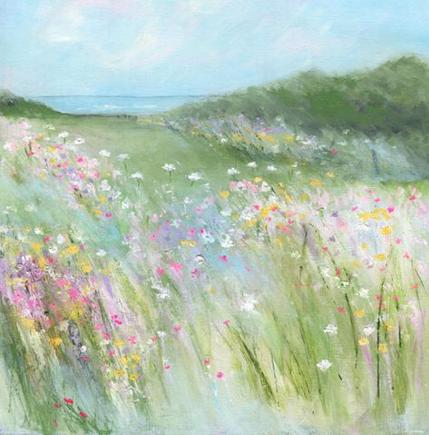 Spring pathway to the sea March Landscape, Spring Artwork, Landscape Drawing Easy, Watercolor Scenery, Watercolour Inspiration, Landscape Drawings, Aesthetic Painting, Paintings I Love, Watercolor Inspiration