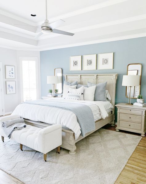 Neutral Coastal Bedroom, Costal Bedroom, Light Blue Bedroom, Coastal Bedroom Decorating, Beach House Bedroom, Blue Bedroom Decor, Coastal Bedrooms, Coastal Bedroom, Traditional Bedroom