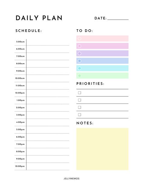 Daily planner page that says "Daily plan" at the top left. 5am to 10 am hourly schedule on the left side. To do, priorities and notes areas on the right side. Printable Daily Planner Pages, Free Printable Daily Planner, Rutinitas Harian, Daily Schedule Printable, Day Planner Template, Daily Routine Schedule, Free Planner Templates, Free Daily Planner, Daily Planner Printables Free