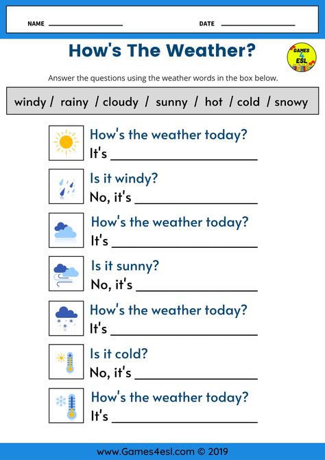 This ESL worksheet is for teaching weather vocabulary to kids and beginner English language learners.   Students should fill in the blank space with the correct weather word English Language Learners, For Kids, English Conversation Worksheets, Weather Esl, Teaching Weather, Weather Worksheets, Weather Vocabulary, Kids Worksheet