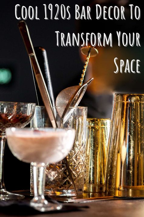 Cool 1920s Bar Decor To Transform Your Space - Pink Pop Design 1920s Cocktail Bar, Speakeasy Bar Design Vintage, Speakeasy Signs 1920s, Speakeasy Decor Ideas, 1920s Bar Decor, Whiskey Bar Decor, Speak Easy Decorations, Bar Cart Decorating Ideas, 1920 Speakeasy Decor