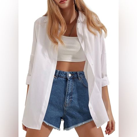 Shirt Was Going To Be Worn For My Wedding Day But Never Wore It! Womens Dressy Blouses, Blouse Size Chart, Oversized Button Down Shirt, Elegante Casual, Dressy Blouse, Sequin Bodycon Dress, Inspiration Mode, Basic Shirts, White Shirt Dress