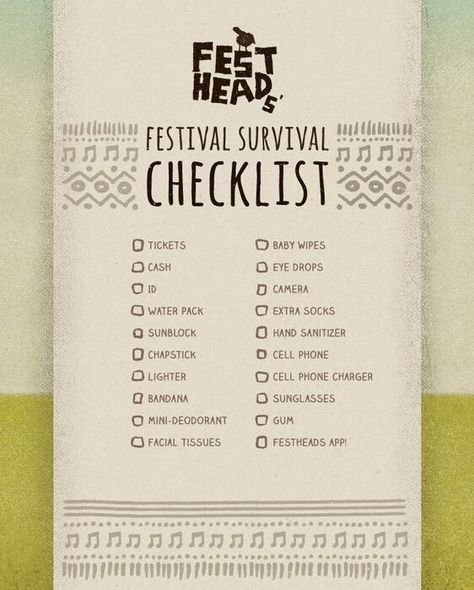 What's on your festival checklist, Jammers? (image courtesy of our friends at Festheads) #countryjam2014 Festival Checklist, Music Festival Essentials, Festival Packing List, Music Festival Camping, Festival Must Haves, Trendy Music, Reading Festival, Festival Essentials, Country Music Festival