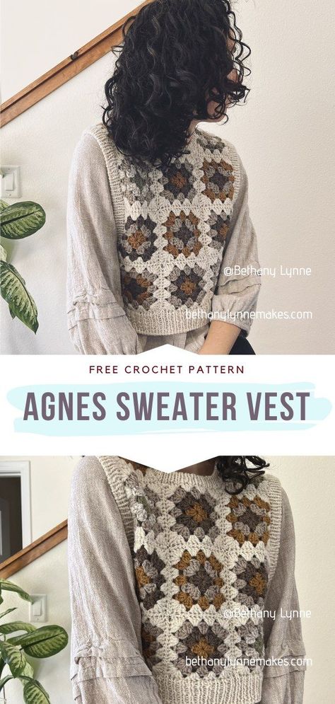 Crochet Agnes Sweater Vest Crochet Square Vest Pattern, Crochet Granny Square Sweater Vest Pattern Free, Crochet Sweater Border Patterns, Diy Crochet Sweater Vest, Crochet Vest Styling, Crochet Granny Vest Pattern Free, Easy Crochet Sweater Vest, Crochet Oversized Vest, Crochet Sweater Collar