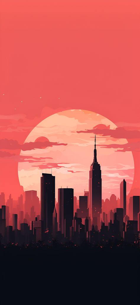 A minimalist aesthetic New York City skyline wallpaper with vibrant coral hues, creating a lively and contemporary backdrop for an iPhone or Android device. New York Skyline Silhouette, New York City Wallpaper, Nice Backgrounds, Aesthetic New York City, New York Sunset, Unique Iphone Wallpaper, Aesthetic New York, Coral Wallpaper, Best Wallpaper Hd