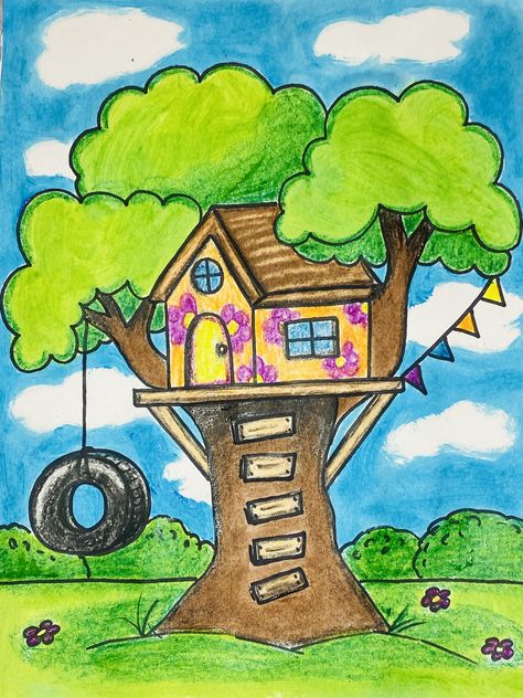 Tree House Drawing Easy, Outdoor Drawing Ideas, Treehouse Drawing Easy, How To Draw A Treehouse, Scenery For Kids Drawing, Treehouse Drawing Simple, Kids Scenery Drawing, Nature Pictures Drawing Easy, Outside Drawings