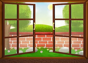 Arabic Greetings, Window Cartoon, Spring Background Images, Spring Windows, Window Landscape, Windows House, Cozy Window, Windows View, Curtains Vector