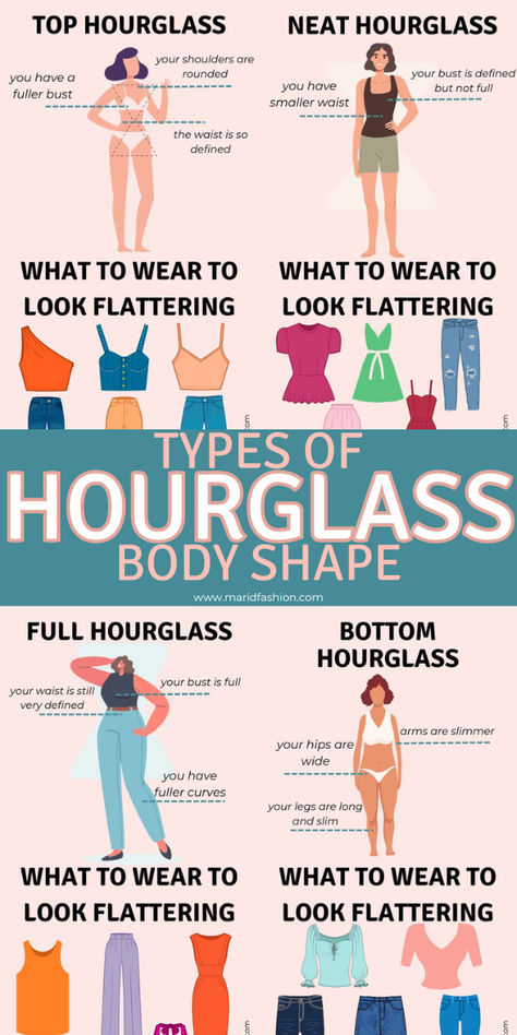 What are some of the most common types of hourglass figures? How you should dress for each type of hourglass body shape? What looks flattering on your body type? Answers to these and other questions are in this article. So check it out. Clothes For Hour Glass Shaped, Dress For An Hourglass Shape, Dressing Full Hourglass Shape, Hourglass Beach Outfits, Outfits For Bottom Hourglass Body Shape, Bell Shape Body Type, How To Dress For Body Type, Styling For Body Types, Types Of Bottoms For Women