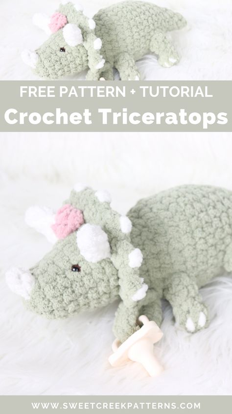 In this FREE Crochet blog post and YouTube tutorial I will teach you step by step how to crochet this adorable little triceratops! This crochet triceratops was designed to be a fun crochet pattern and tutorial, as it is a decently low sew pattern (the things you have to sew on are pretty easy)! This Amigurumi triceratops would be a perfect baby gift, nursery prop, or a snuggly animal for your baby! The possibilities are truly endless! If you plan to make this, please COMMENT below! Amigurumi Patterns, Free Crochet Dinosaur Pattern, Free Crochet Dinosaur, Crochet Dinosaur Pattern Free, Crochet Triceratops, Crochet Dinosaur Pattern, Amigurumi Projects, Dinosaur Triceratops, Left Handed Crochet