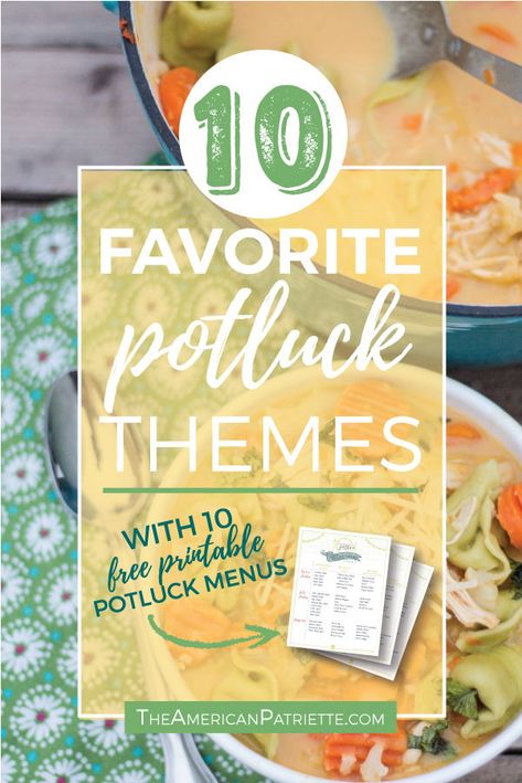 10 fun potluck themes that everyone will enjoy! These are my top 10 favorite potluck themes! #potluckthemes #potluckideas #potlucks Taco Theme Potluck Ideas, Teacher Potluck Themes, Themed Lunches For Work, Group Food Themes, Fun Work Lunch Themes, Pot Luck Party Ideas, Small Group Potluck Themes, Lunch Themes Party, Fun Potluck Themes For Work