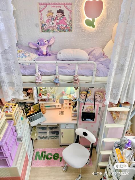 Aesthetic Room Decor Loft Bed, Bedroom Inspo With Loft Bed, Pastel Loft Bedroom, Cute Bedroom Loft Bed, Bed Loft Design, Danish Pastel Room With Loft Bed, Room Ideas For Small Rooms Loft Bed, Korean Loft Bed, Bunk Bed With Desk Aesthetic