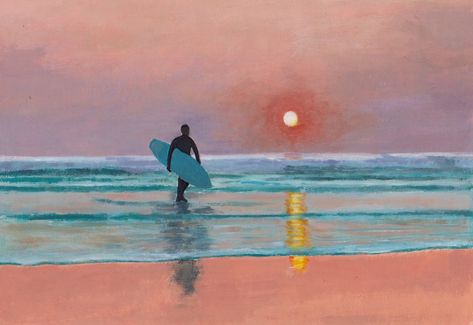 Buy After Surf, Sundown, Polzeath, Acrylic painting by Tim Treagust on Artfinder. Discover thousands of other original paintings, prints, sculptures and photography from independent artists. Tela, Surfing Watercolor Paintings, Surf Painting Easy, Beach Landscape Drawing, Paint Surfboard, Surfing Watercolor, Surf Art Illustration, Acrylic Painting Sea, Surfing Painting