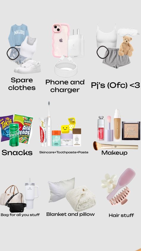 What to pack for a sleepover ❤️ Sleepover Checklist, Sleepover Packing List, Sick Day Essentials, Summer Bag Essentials, Trip Essentials Packing Lists, Sleepover Essentials, Road Trip Bag, Sleepover Tips, Road Trip Kit