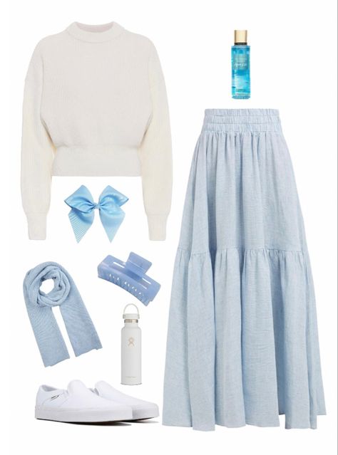 Blue Outfit Aesthetic Hijab, Light Blue Long Skirt Outfit, Light Blue Skirt Outfit Ideas, Sky Blue Skirt Outfit, Long Blue Skirt Outfit, Light Blue Aesthetic Outfit, Light Blue Skirt Outfit, Light Blue Outfit Aesthetic, Blue Skirt Outfit Ideas