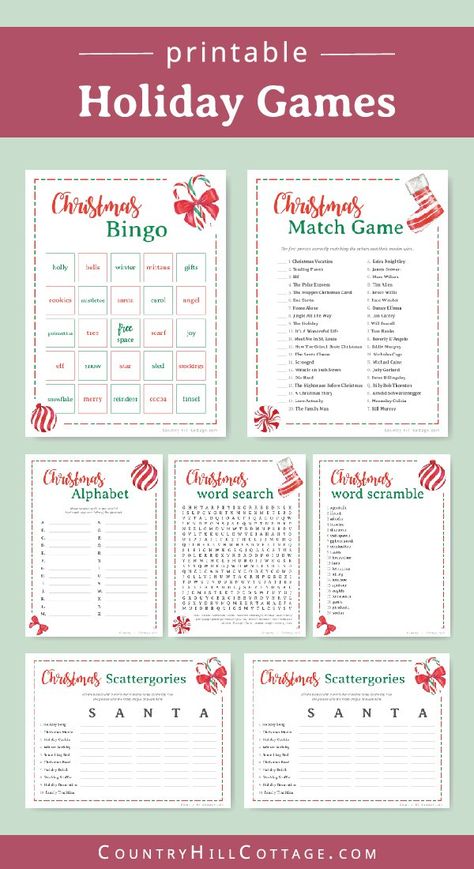 Download a collection of 6 free printable Christmas games for adults and kids! The holiday party games are a fun holiday activity for family get-togethers, Christmas parties, the office and for older students at school. The printable game bundle includes holiday bingo, scattergories, a festive word scramble, word search, a fun movie trivia game, and a holiday alphabet. Movie trivia game. With answers. #printable #freeprintable #holiday #Christmas #games #Christmasgames | countryhillcottage.com Natal, Christmas Game Ideas For Adults, Christmas Puzzles For Adults, Office Christmas Games Ideas, Christmas Team Building Activities, Christmas Games For Large Groups, Christmas Classroom Games, Christmas Table Games, Free Printable Christmas Games