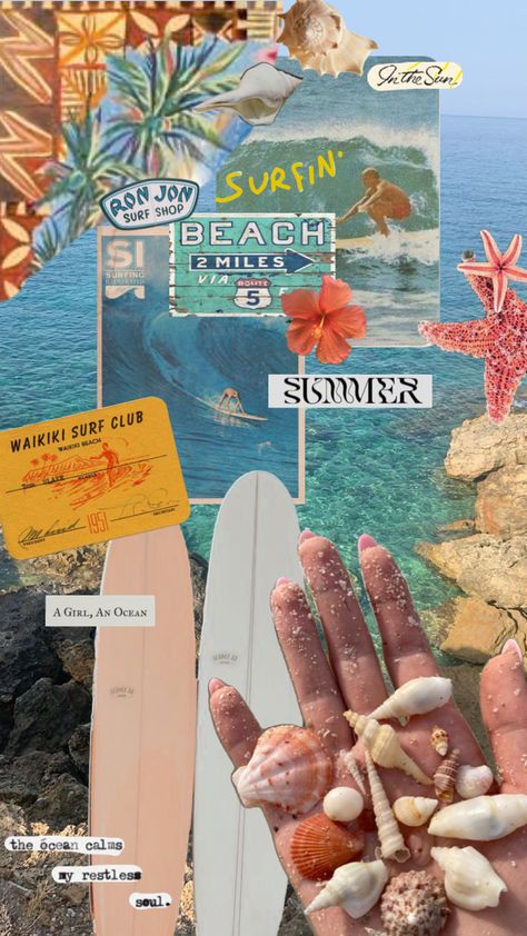 Surf Astethic Wallpaper, Surfer Collage, Beach Wall Collage, Surf Aesthetic, Beach Girl Aesthetic, Surf Poster, Ron Jon Surf Shop, Beach Posters, Preppy Wallpaper