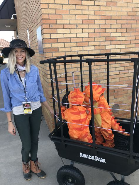 Jurassic Park Cage Wagon, Family Of 3 Halloween Costumes Jurassic Park, Jurrasic Park Halloween Costume, Baby Dinosaur Halloween Costume, Dinosaur Cage Wagon Halloween, Jurassic Halloween Costume, Pregnant Dinosaur Costume, Jurassic Park Party Outfit, Jurassic Park Wagon Cage