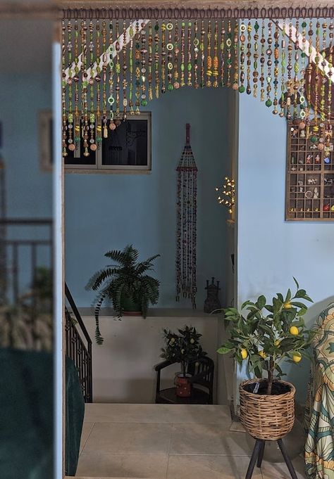 Beaded Door Way, Beaded Window Valance, Doorway Hanging Decor, Crystal Bead Curtain, Eclectic Interior Design Living Room, Beaded Archway, Beaded Window Curtain, Door Valance Ideas, Decor Around Window