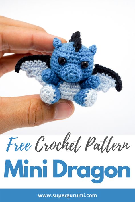 Free Crochet Pattern for the mini Dragon by Supergurumi. This cute dragon is easy to crochet with a step by step description and many pictures. Make your loved ones happy with this little dragon. #amigurumi #crochet #crochetpattern #dragon #crochetdragon Crochet Dragon Pattern, Mini Dragon, Crochet Animals Free Patterns, Crochet Design Pattern, Crochet Dragon, Beginner Crochet Projects, Crochet Amigurumi Free, Amigurumi Crochet Pattern, Fun Crochet Projects