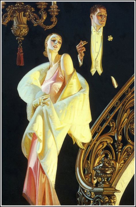 Art nouveau card woman and man walking dow stairs evening dress J.c Leyendecker, Arte Art Deco, Jc Leyendecker, Grafika Vintage, Affiches D'art Déco, Poster Book, Seni Vintage, Deco Poster, Estilo Art Deco