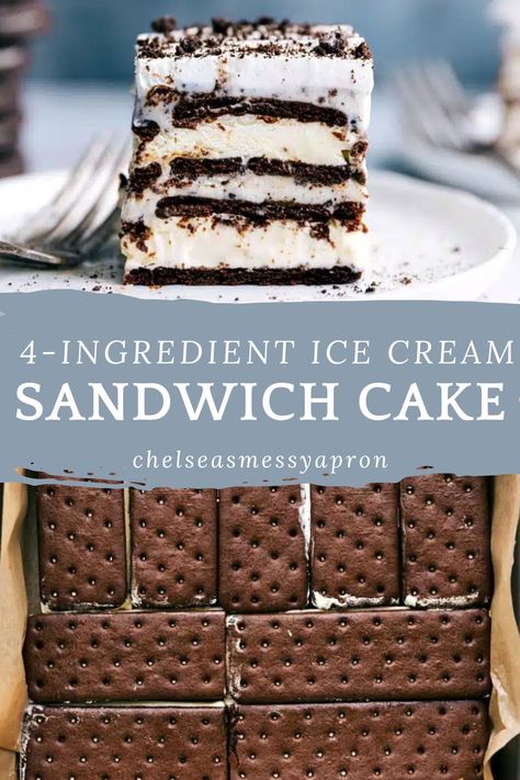 Four-ingredient Ice Cream Sandwich Cake is made with ice cream sandwiches, cookies-and-cream ice cream, and a crushed Oreo whipped cream topping! #dessert #best #quick #easy #simple #treat #fouringredient #icecream #sandwich #cake Dessert Made With Ice Cream Sandwiches, Homemade Ice Cream Cake With Ice Cream Sandwiches, Ice Cream Cake Made With Ice Cream Sandwiches, Ice Cream Sandwich Cake Recipe Easy, Ice Cream Sandwich Cake Oreo, Ice Cream Cake With Ice Cream Sandwiches, Oreo Squares, Ice Cream Cakes Homemade, Ice Cream Sandwich Dessert Recipe