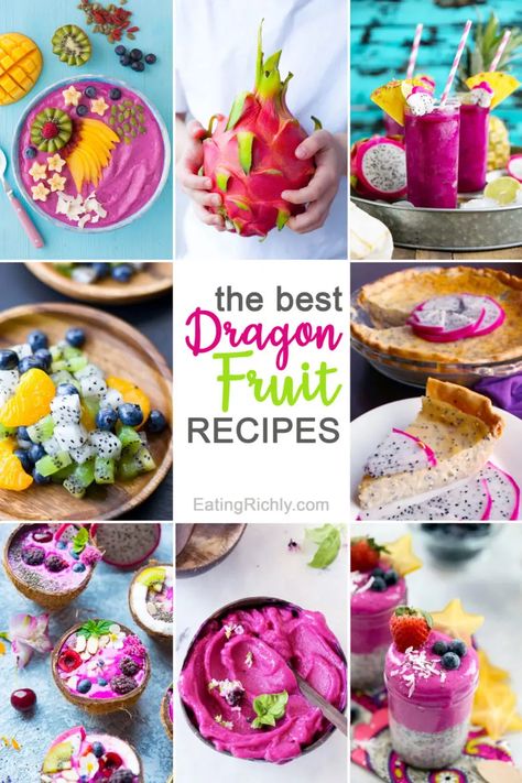 Essen, Dragon Fruit Recipe, Dragon Fruit Dessert, Dragon Fruit Recipes, Banana Nice Cream Recipes, Dragonfruit Recipes, Fruit Soft Serve, Dragon Fruit Smoothie Bowl, Tropical Fruit Salad